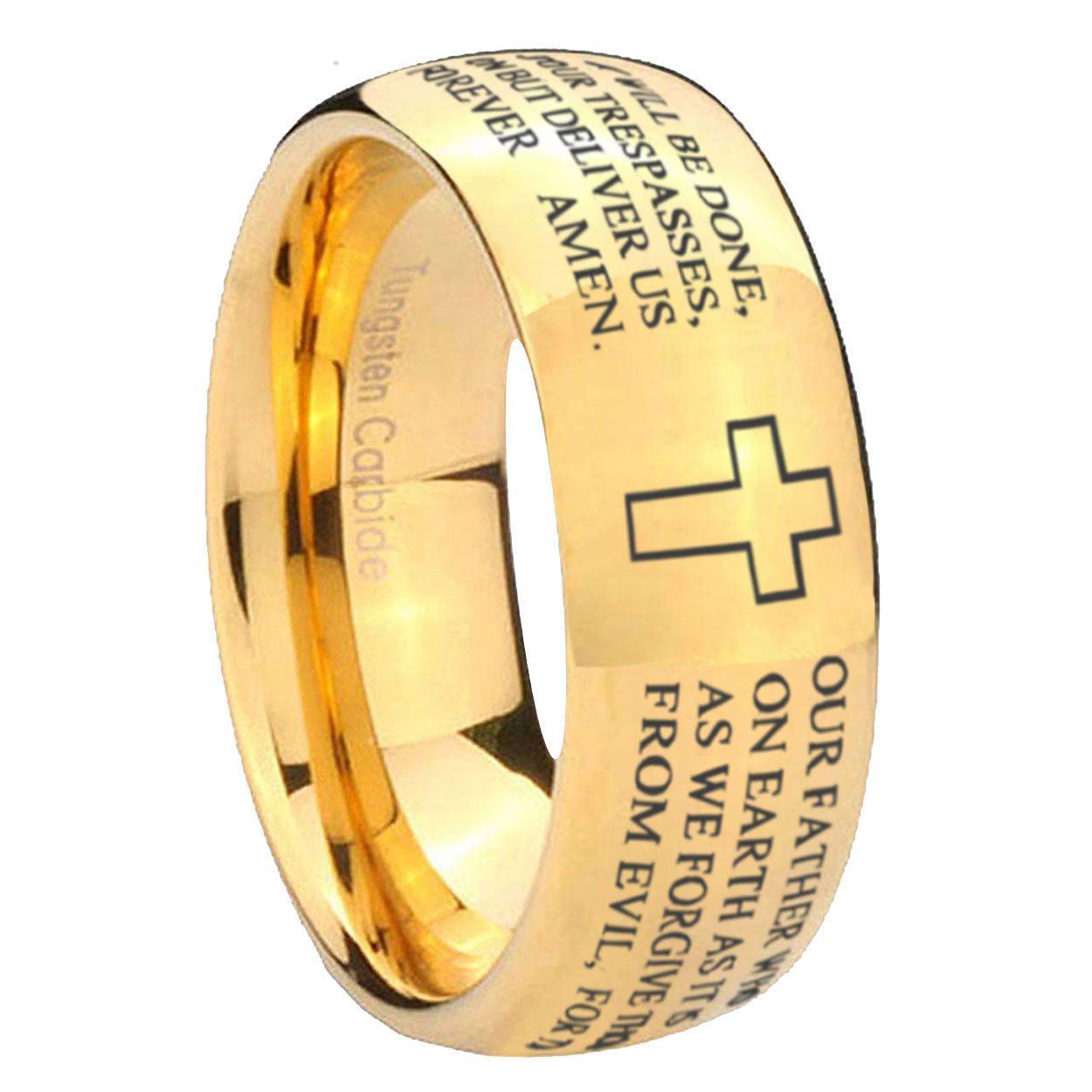 8MM Etched Lord's Prayer Dome Polish Gold Tungsten Custom Ring