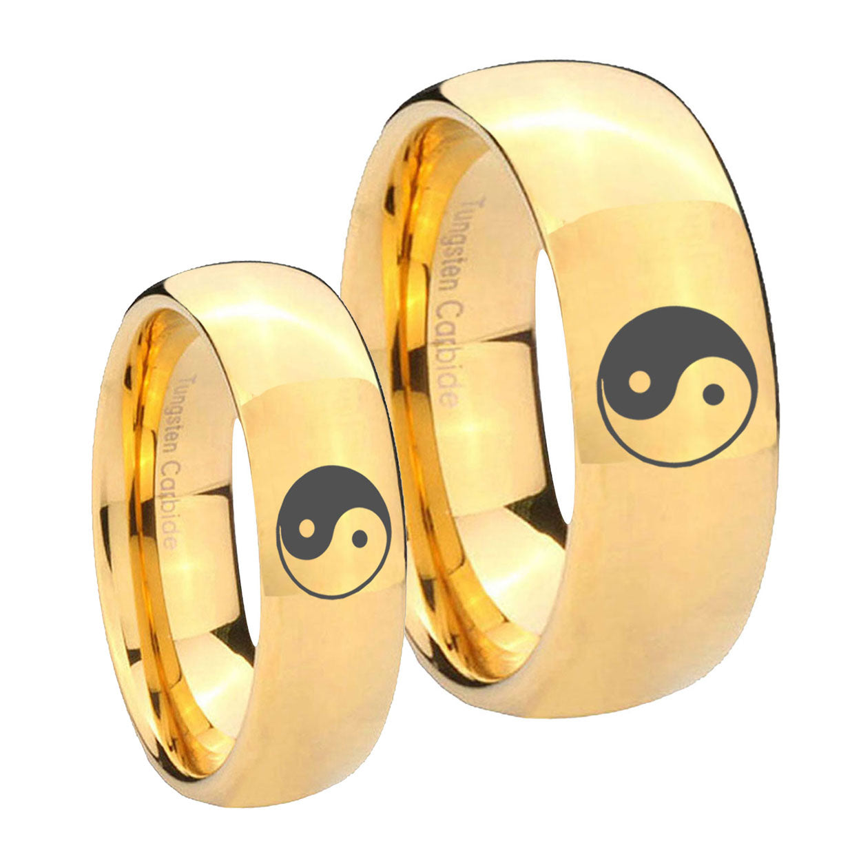 Yin Yang Dome Gold Tungsten Wedding Ring Set