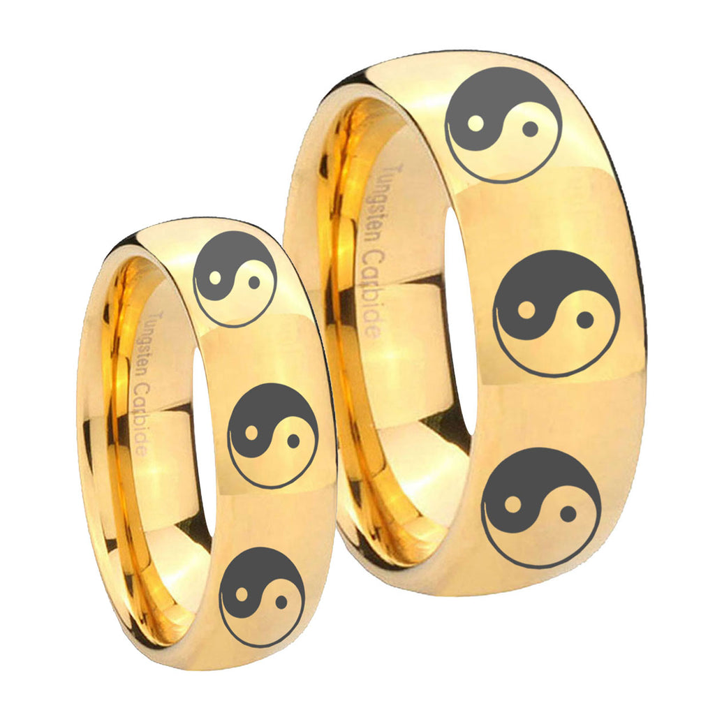 Multiple Yin Yang Dome Gold Tungsten Bridal Ring Sets