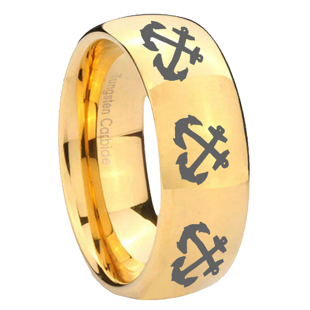 8MM Multiple Anchor Dome Polish Gold Tungsten Ring Men