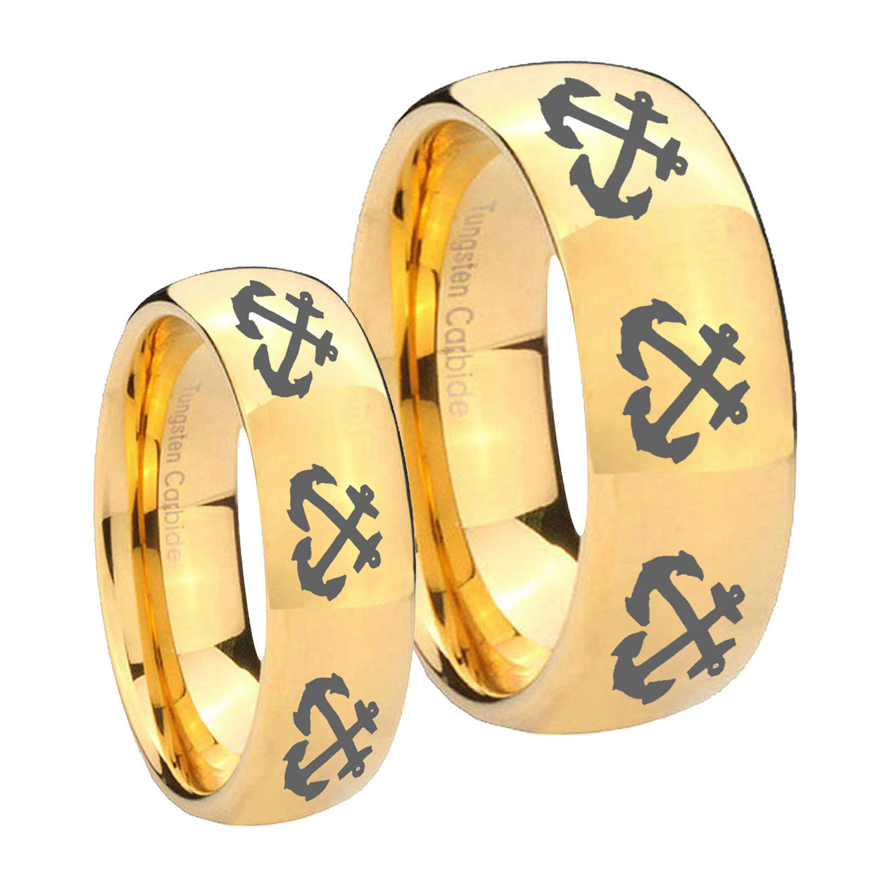 Multiple Anchor Dome Gold Tungsten Couple Band Set