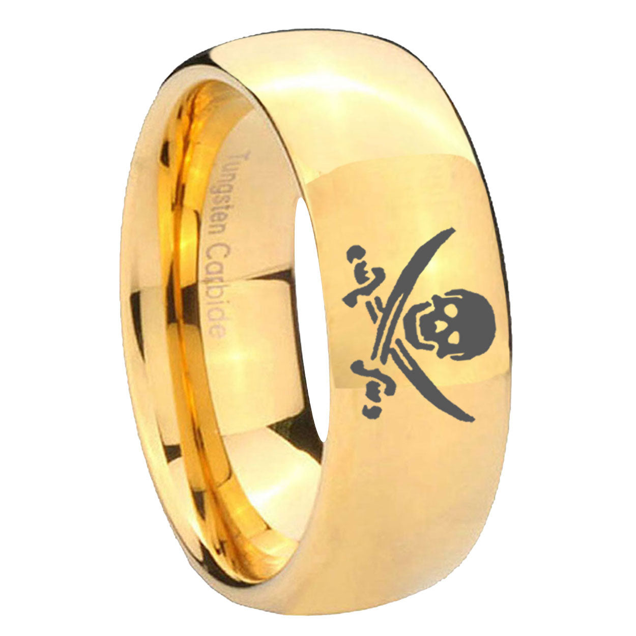 8MM Skull Pirate Dome Polish Gold Tungsten Man Wedding Band