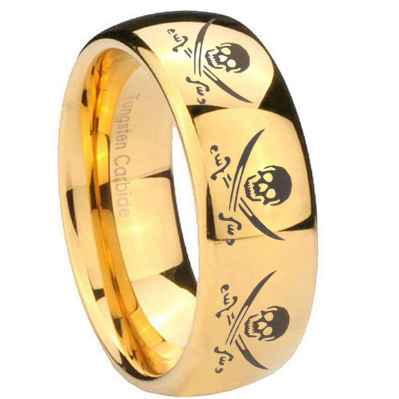 10mm-Multiple-Skull-Pirate-Dome-Gold-Tungsten-Carbide-Mens-Bands-Ring