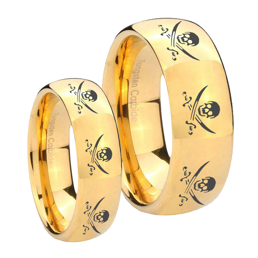 Multiple Skull Pirate Dome Gold Tungsten Bridal Ring Sets