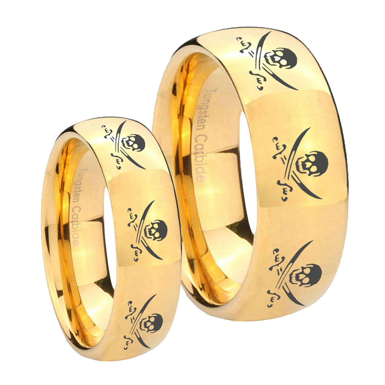 Multiple Skull Pirate Dome Gold Tungsten Bridal Ring Sets