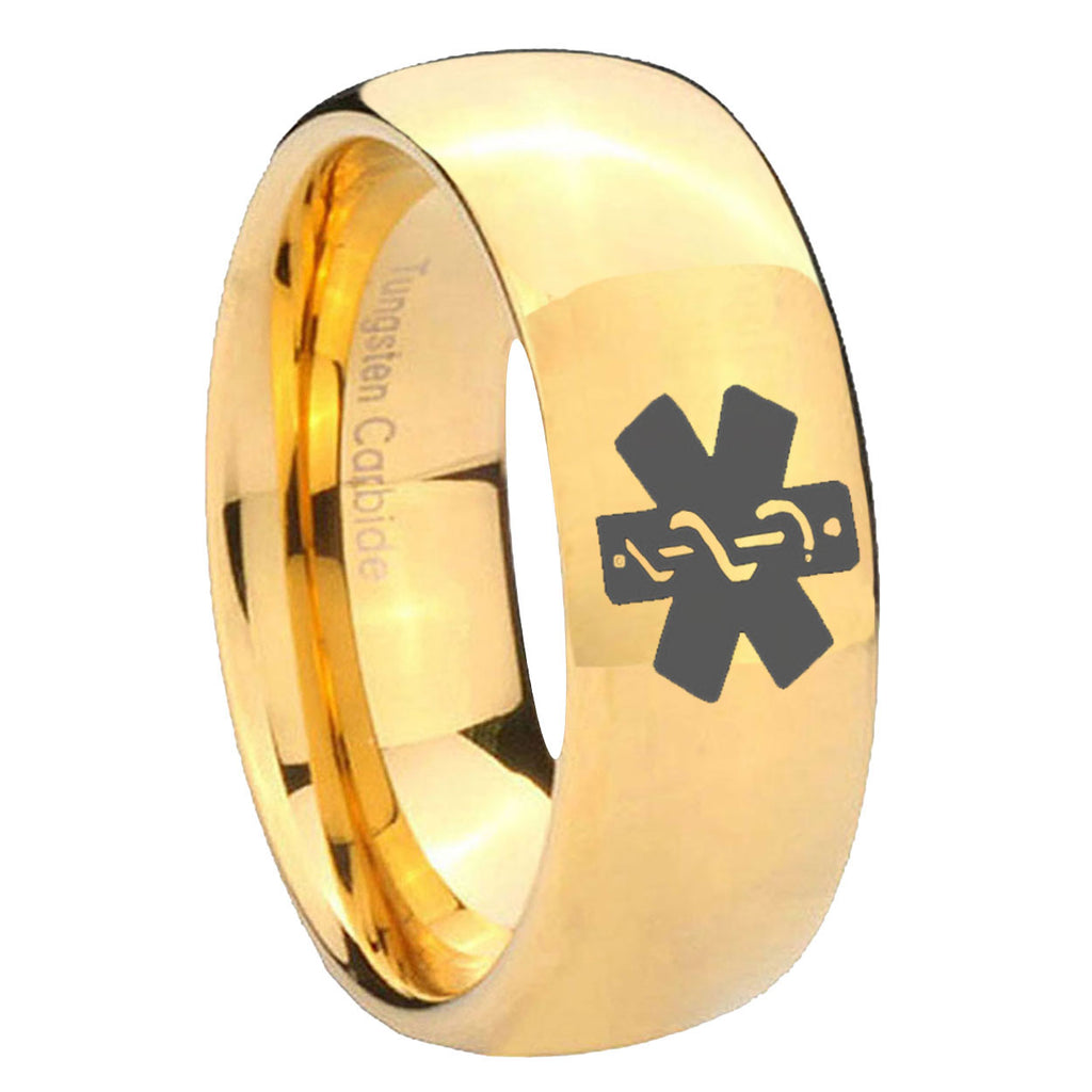 10mm Medical Alert Dome Gold Tungsten Carbide Mens Wedding Ring