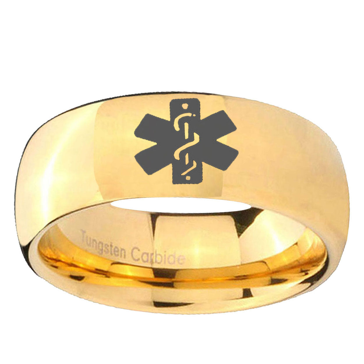 10mm Medical Alert Dome Gold Tungsten Ring