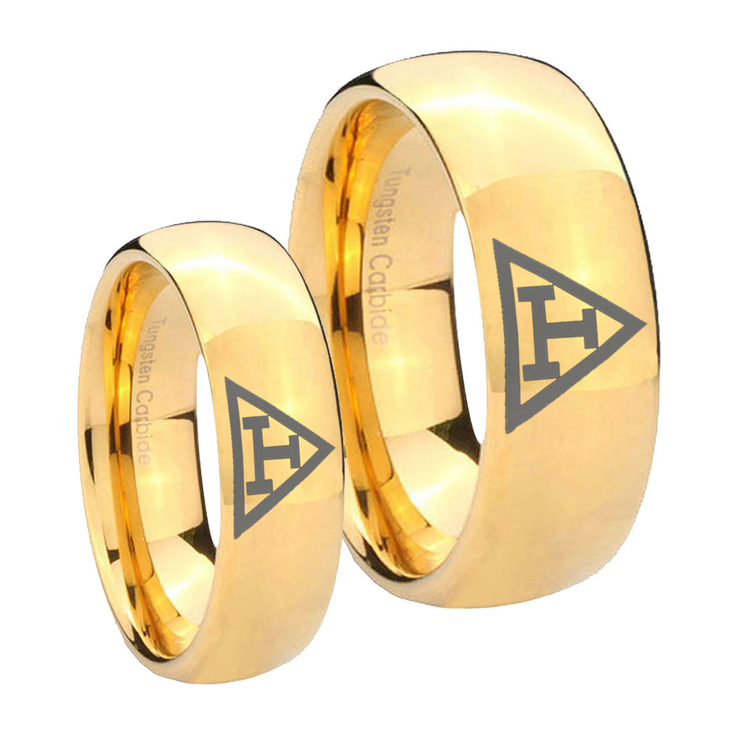Masonic Triple Dome Gold Tungsten Bridal Set Rings