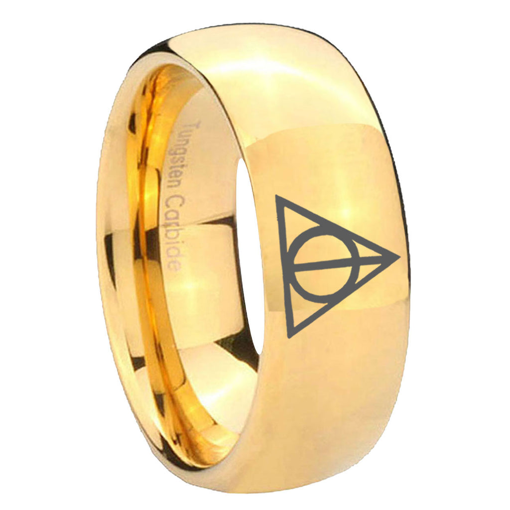 8MM Deathly Hallows Dome Polish Gold Tungsten Mens Wedding Rings