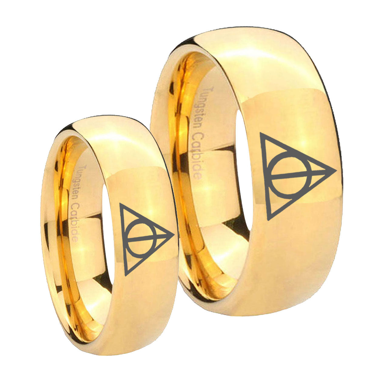 Deathly Hallows Dome Gold Tungsten Wedding Set Rings