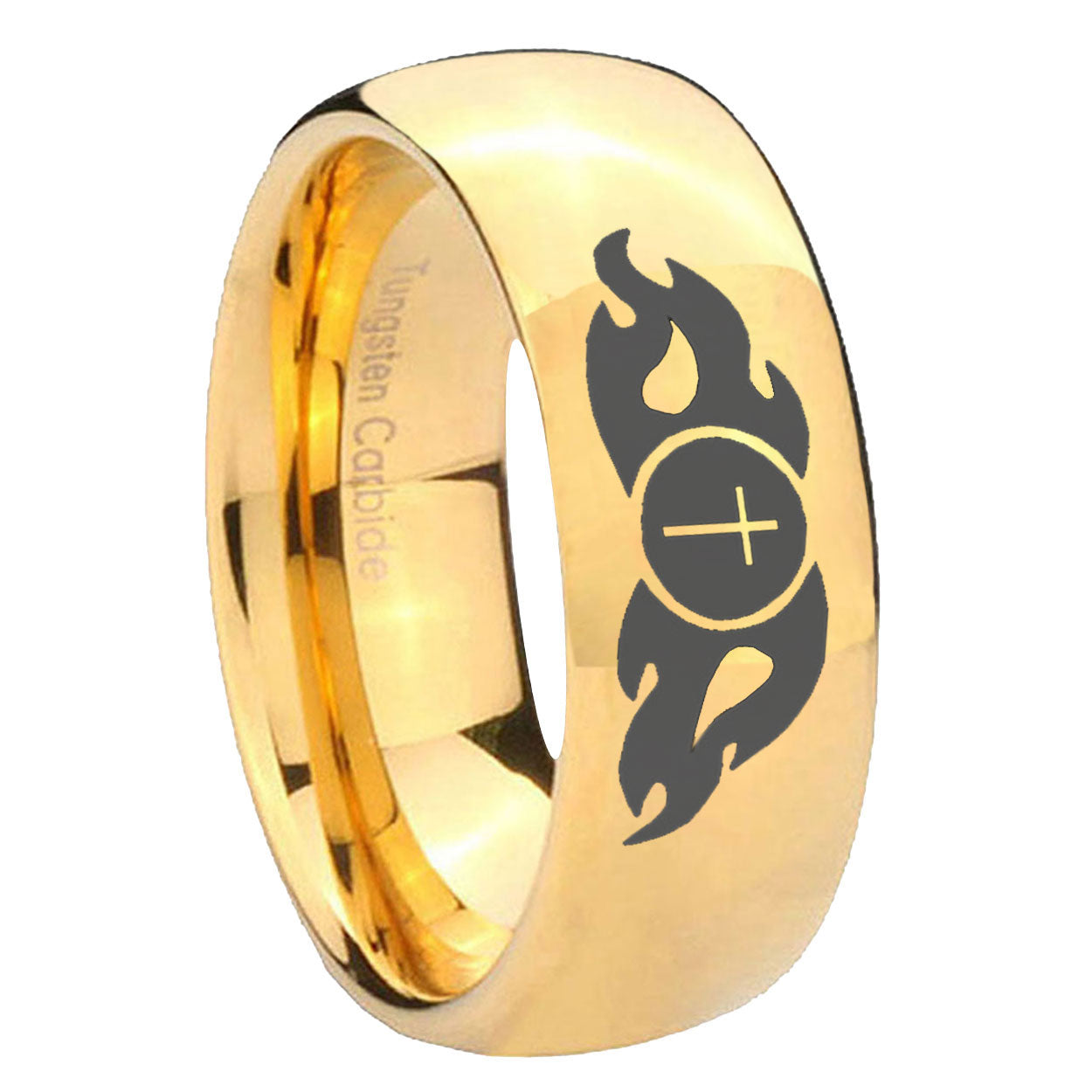 8MM Flamed Cross Dome Polish Gold Tungsten Ring Men