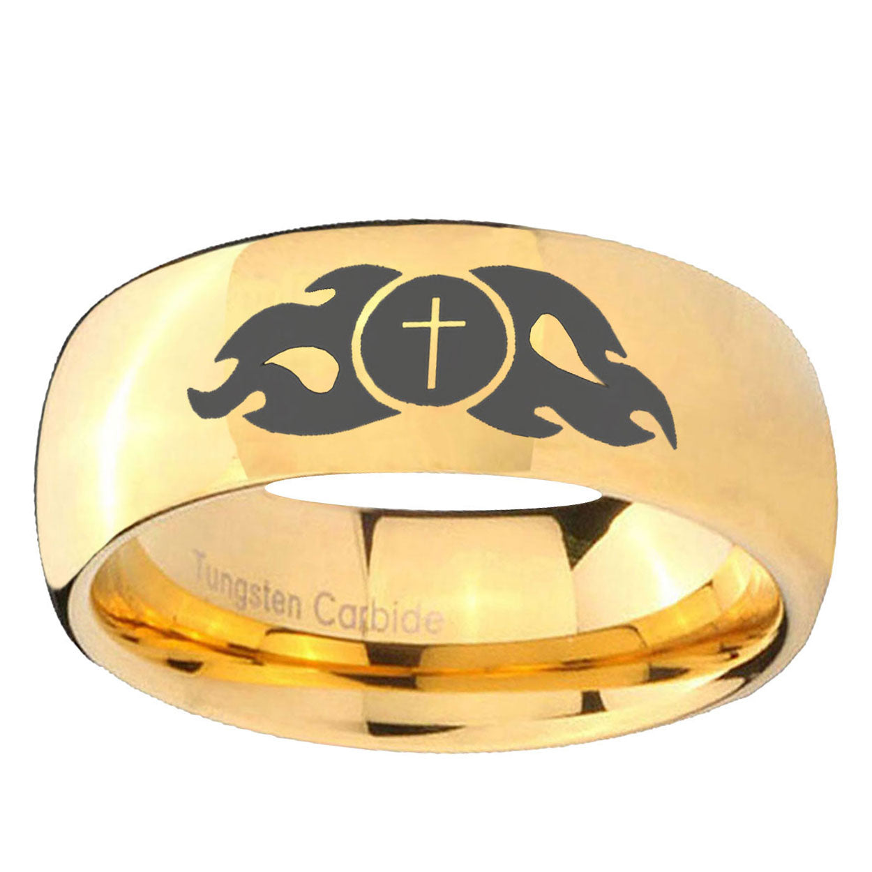 5MM Flamed Cross Dome Polish Gold Tungsten Ring Men