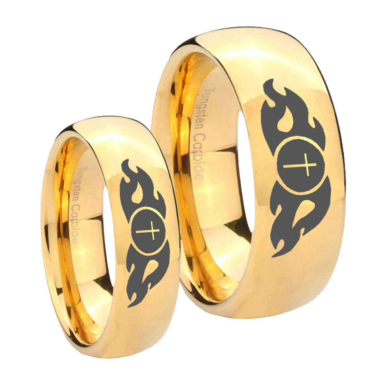 Flamed Cross Dome Gold Tungsten His Hers Set Rings