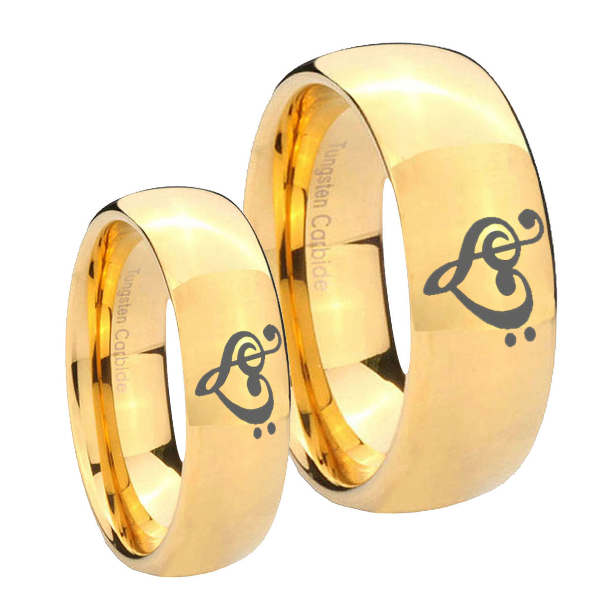 Music & Heart Dome Gold Tungsten Wedding Set Ring