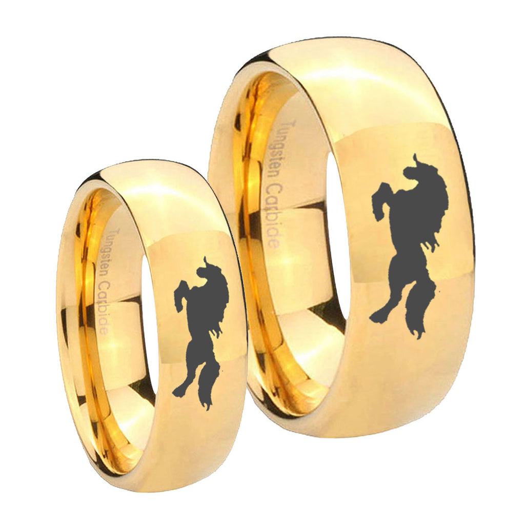 Horse Dome Gold Tungsten Engagement Ring Set