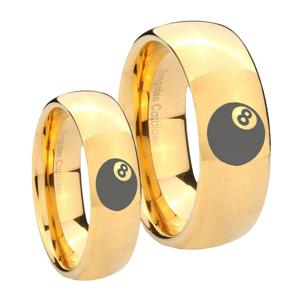 8 Ball Dome Gold Tungsten His Hers Ring Set
