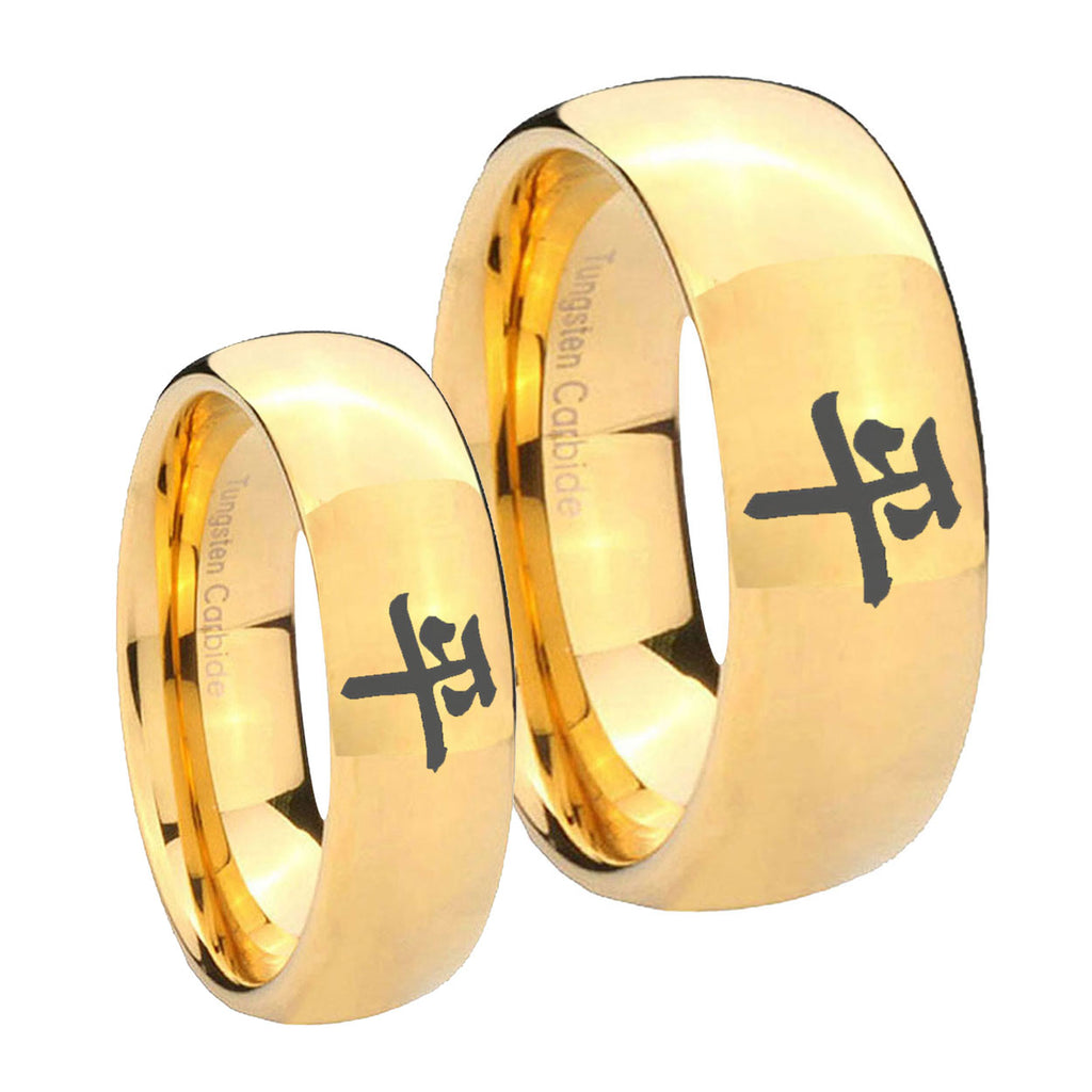 Kanji Peace Dome Gold Tungsten Bridal Ring Sets