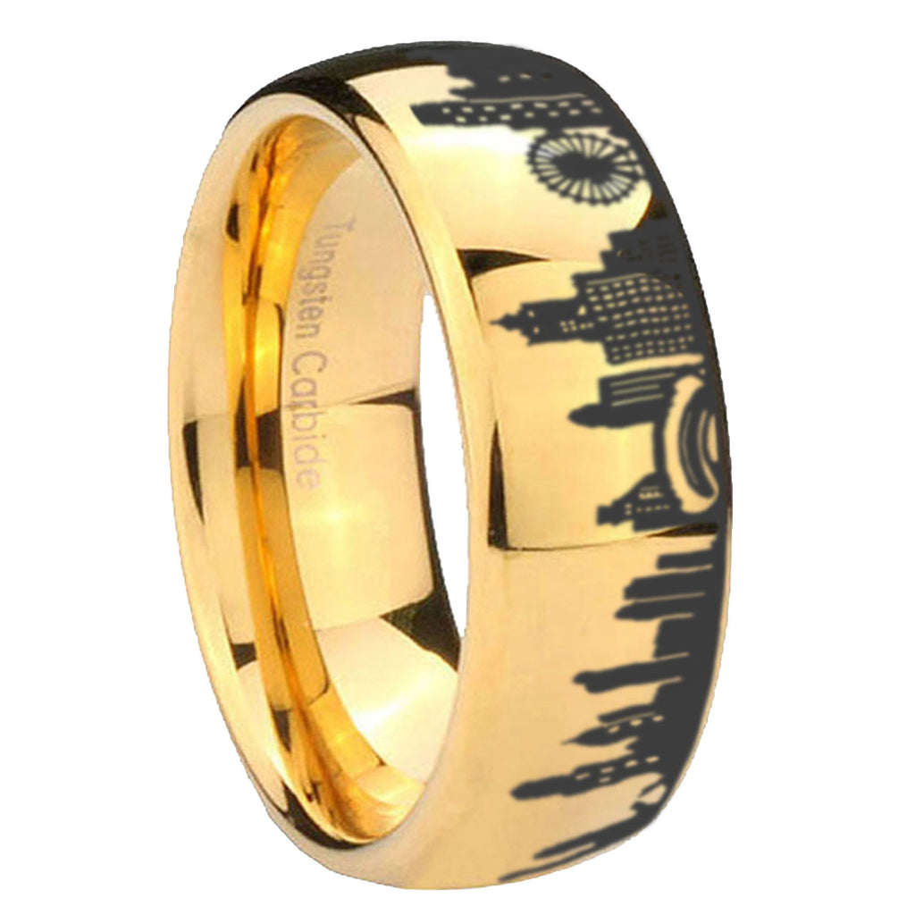 Chicago City Dome Polish Gold Tungsten Engraved Ring