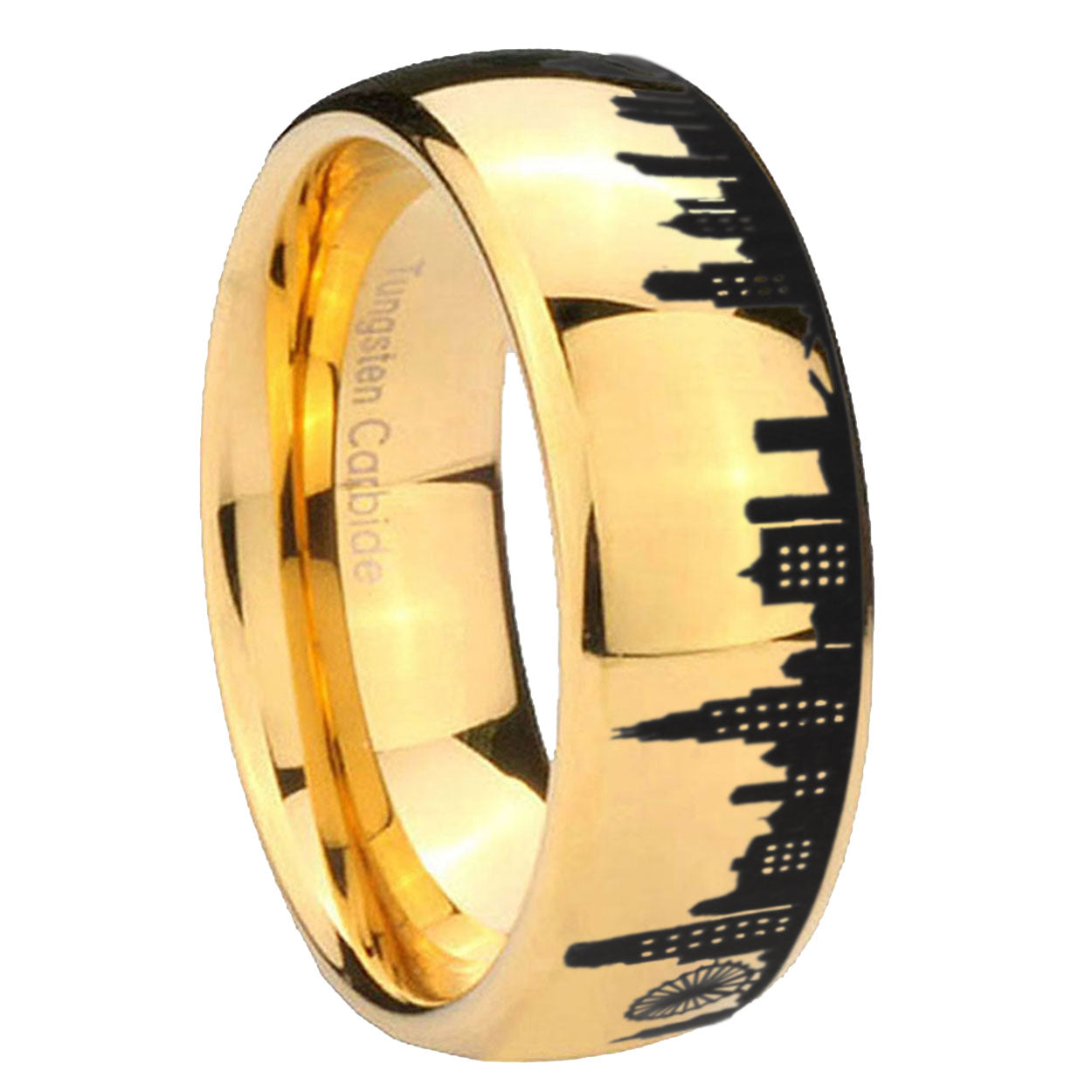 8MM Chicago City Dome Polish Gold Tungsten Engraved Ring