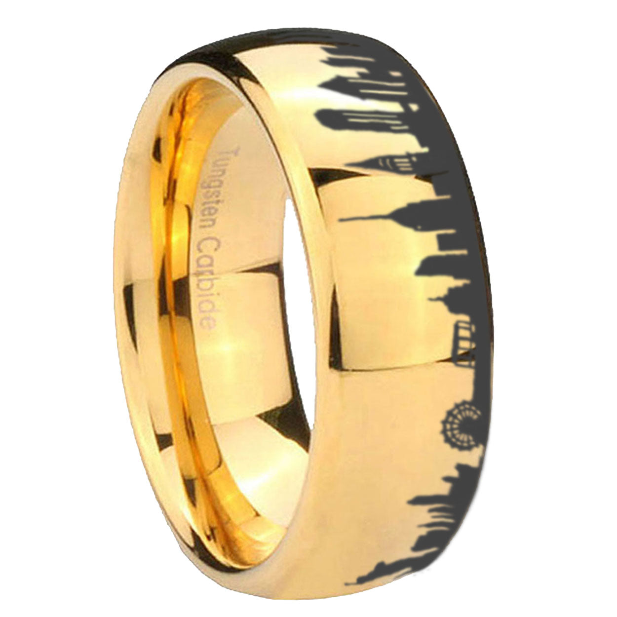 8MM NY New York City Dome Polish Gold Tungsten Engraved Ring