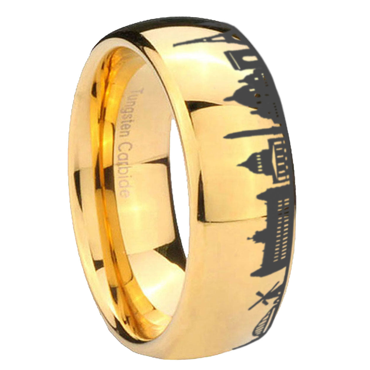 8MM France Paris City Dome Polish Gold Tungsten Engraved Ring