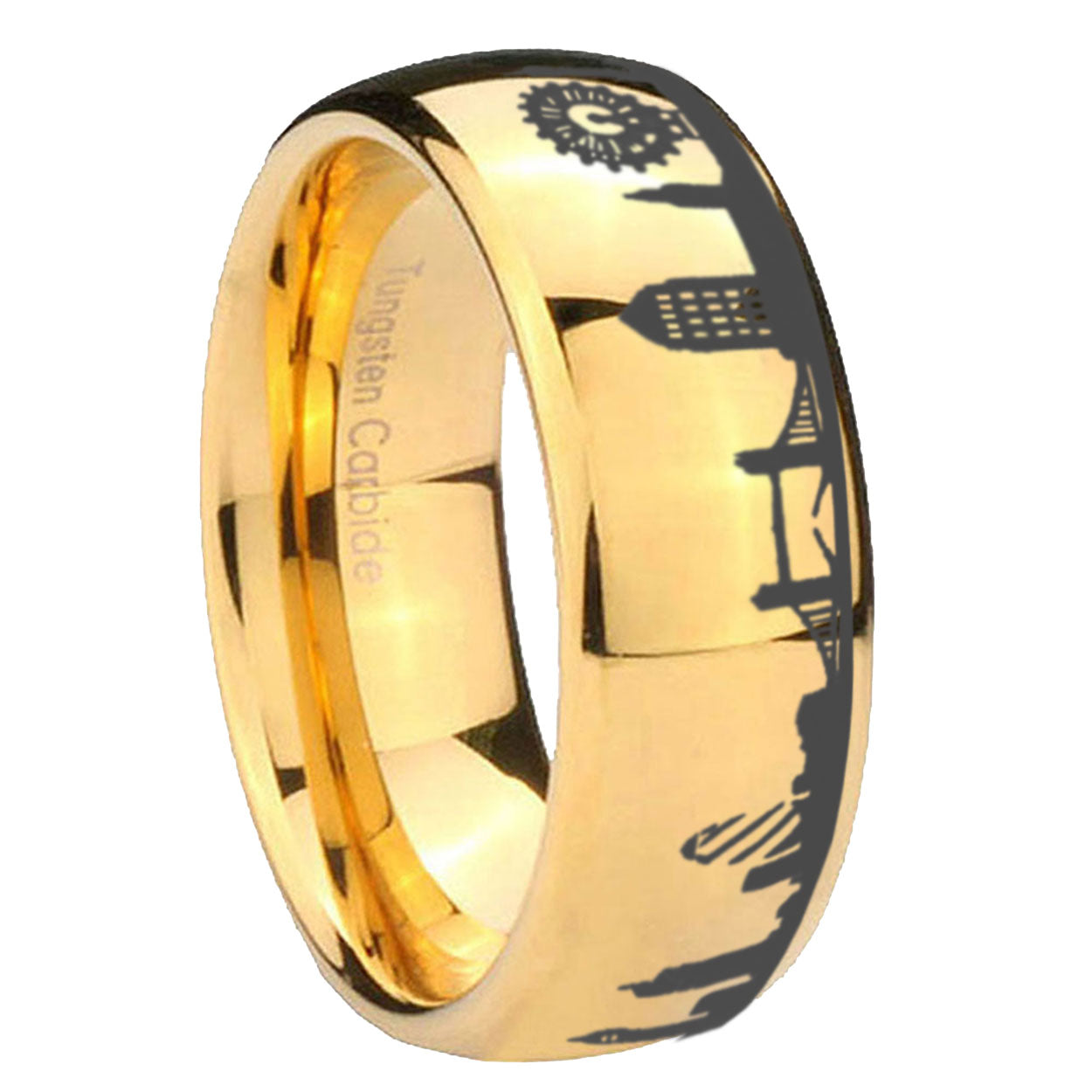 8MM UK London City Dome Polish Gold Tungsten Engraved Ring