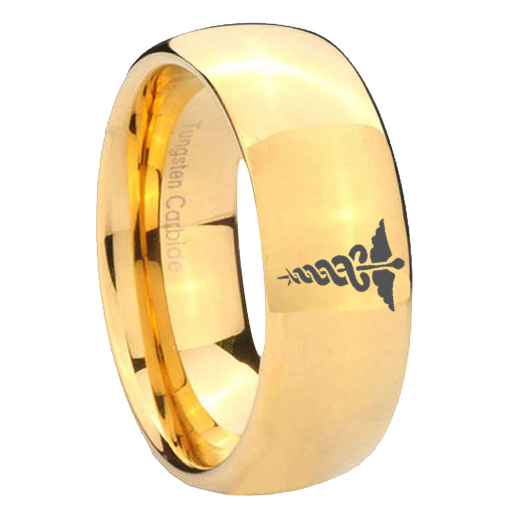 8MM Medical Symbol Dome Polish Gold Tungsten Ring For Men