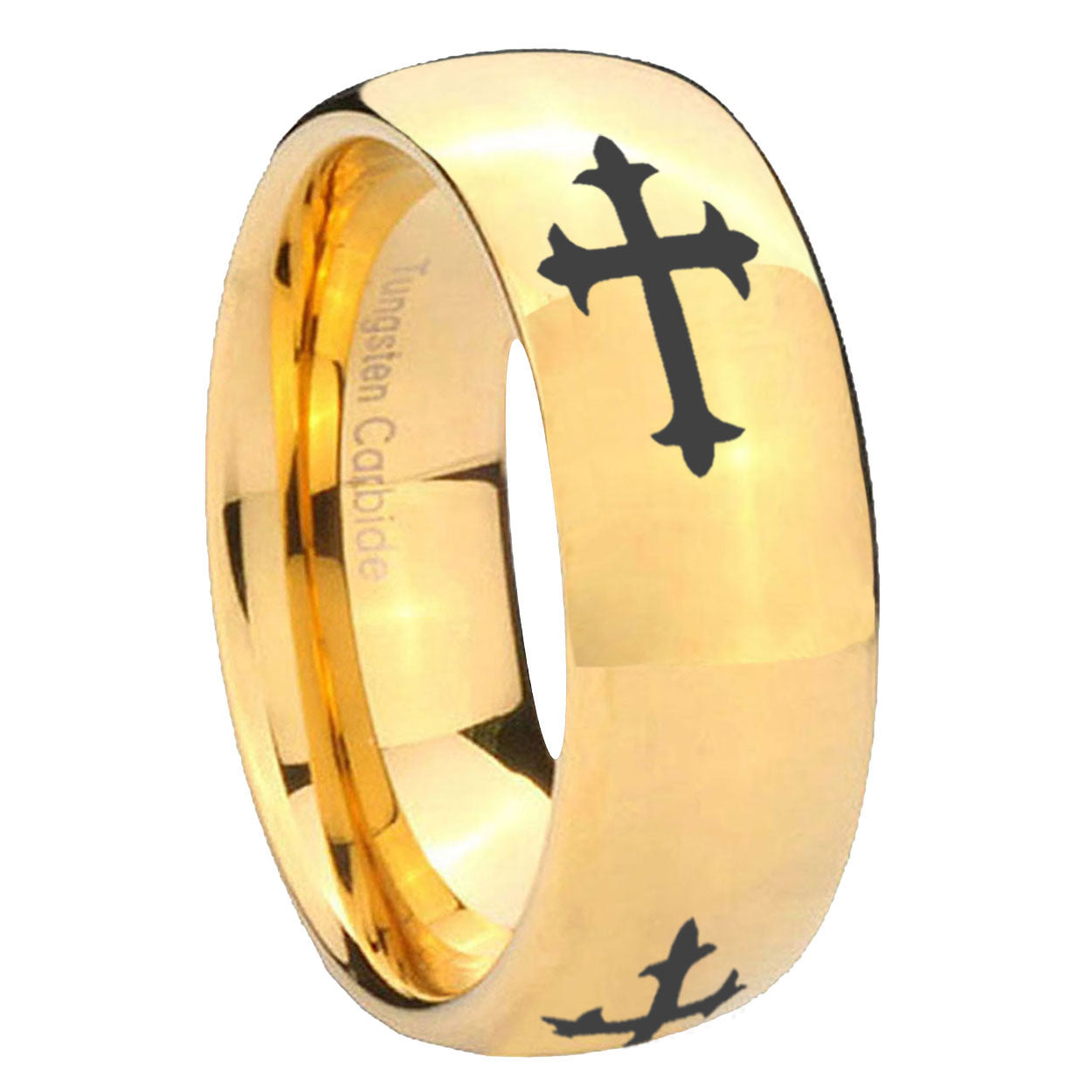 10mm Christian Cross Religious Dome Gold Tungsten Carbide Wedding Band Mens