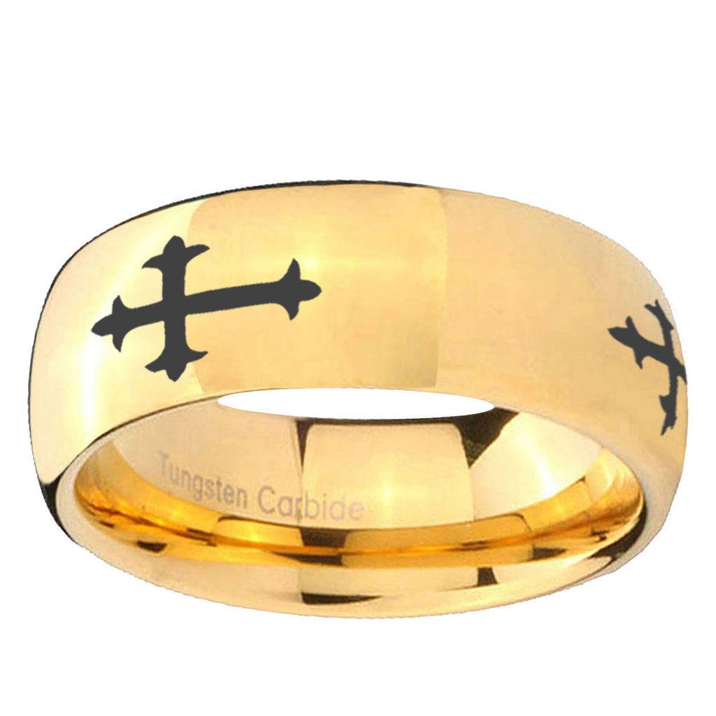 10mm Christian Cross Religious Dome Gold Tungsten Ring