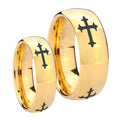 Christian Cross Religious Dome Gold Tungsten Mens Set Rings