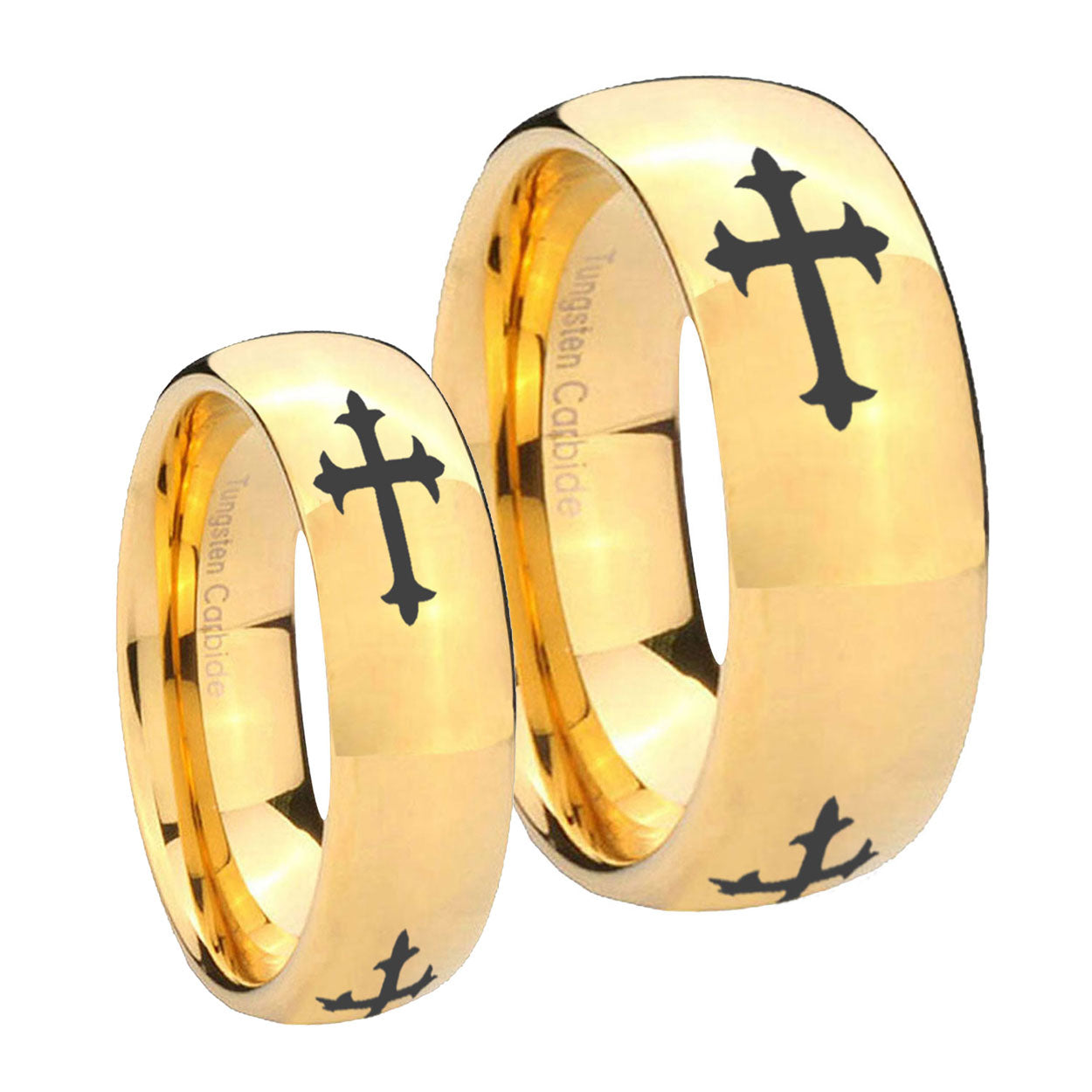 Christian Cross Religious Dome Gold Tungsten Mens Set Rings