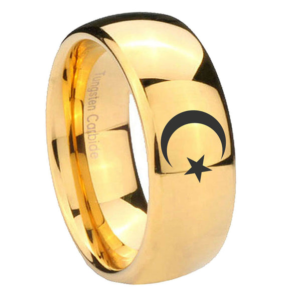 10mm-Crescent-Moon-Stars-Dome-Gold-Tungsten-Carbide-Wedding-Band-Mens