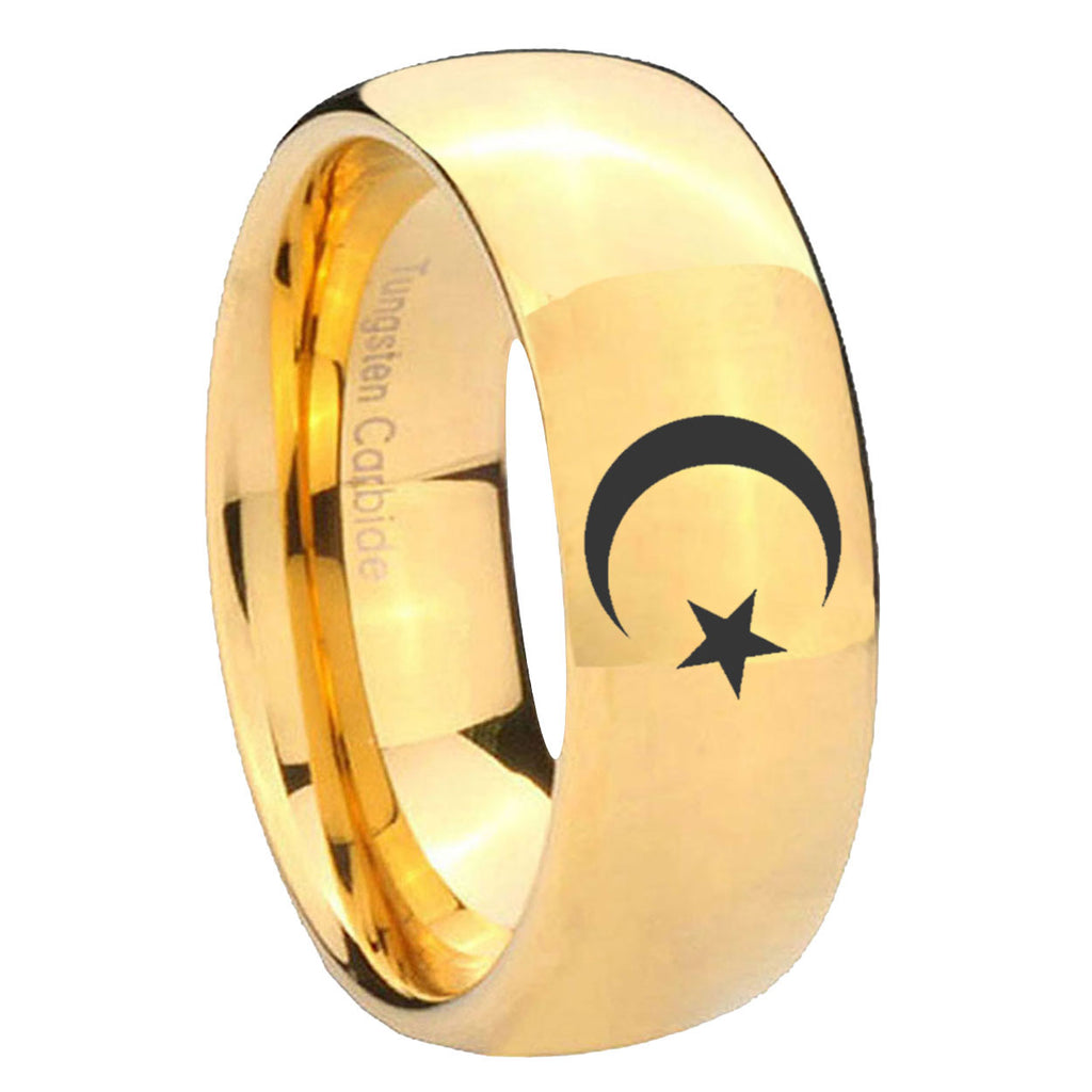 10mm Crescent Moon Stars Dome Gold Tungsten Carbide Wedding Band Mens
