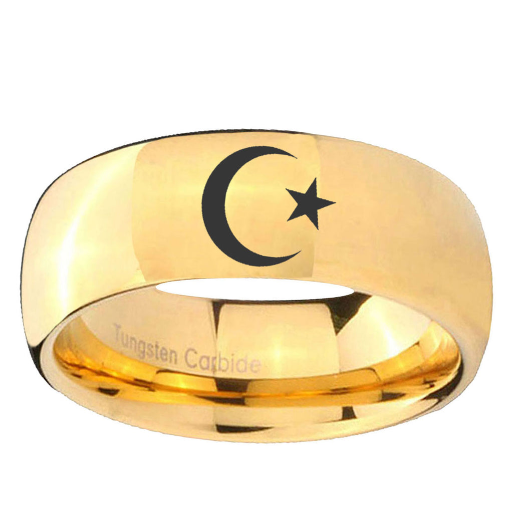 5MM Crescent Moon Stars Dome Polish Gold Tungsten Engravable Ring