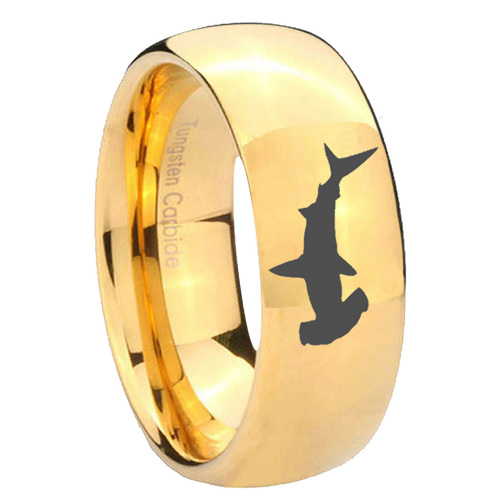 10mm Hammerhead Shark Dome Gold Tungsten Carbide Wedding Band Mens