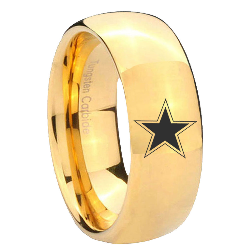 8MM Cowboys Star Dome Polish Gold Tungsten Wedding Rings
