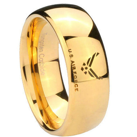 8mm-Mirror-Dome-US-Air-Force-14K-Gold-IP-Tungsten-Carbide-Laser-Engraved-Ring
