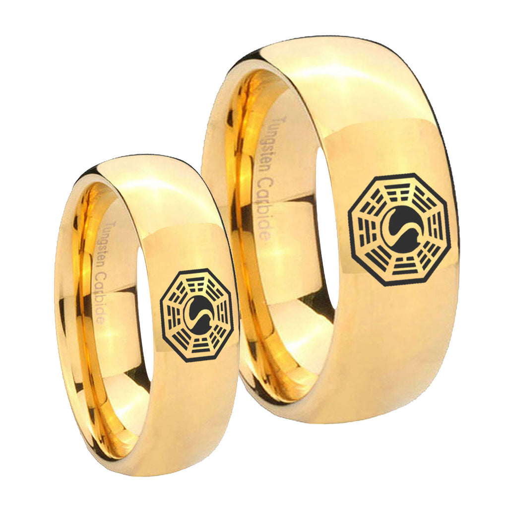 Lost Dharma Dome Gold Tungsten Engagement Ring Set
