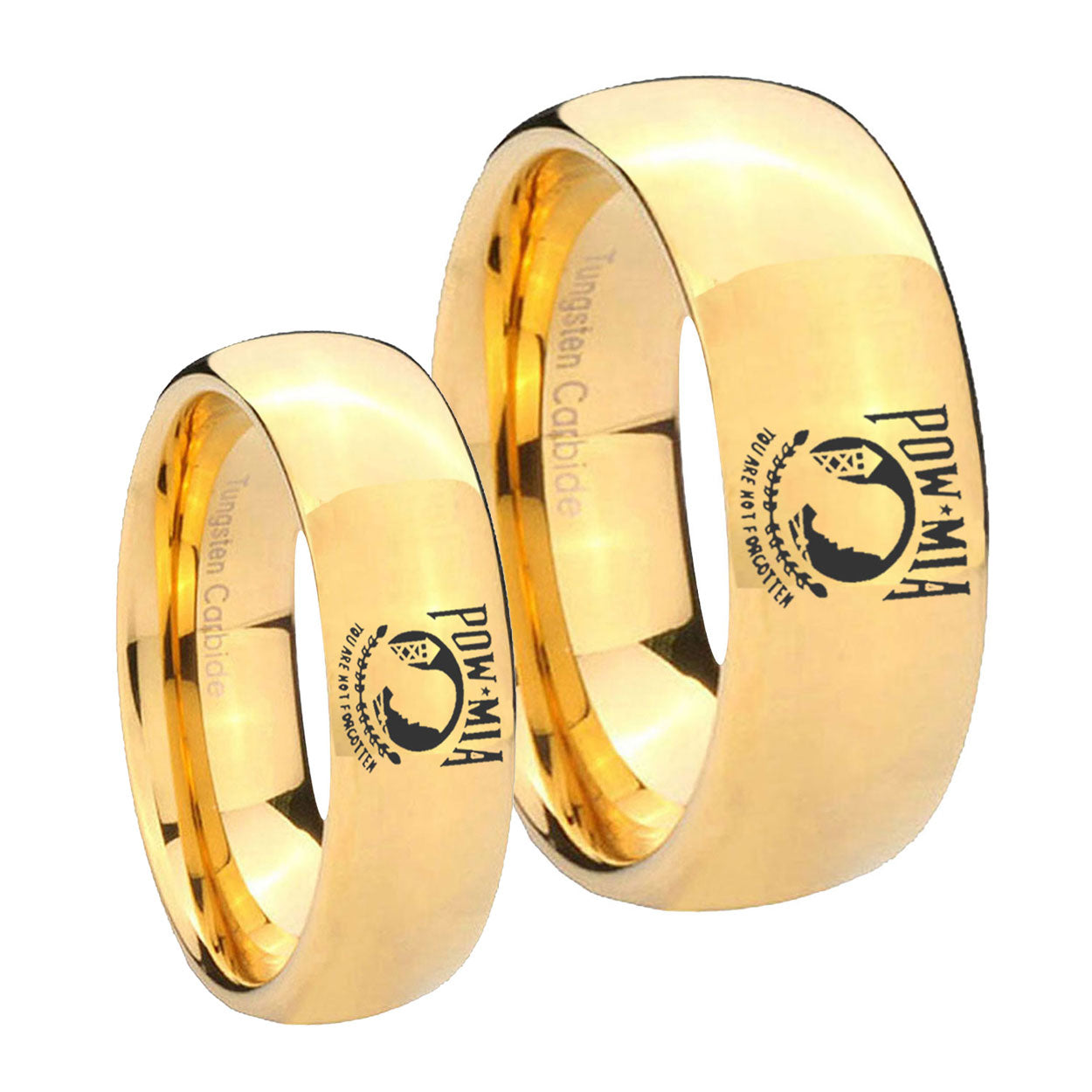 Military Pow Dome Gold Tungsten Mens Set Ring
