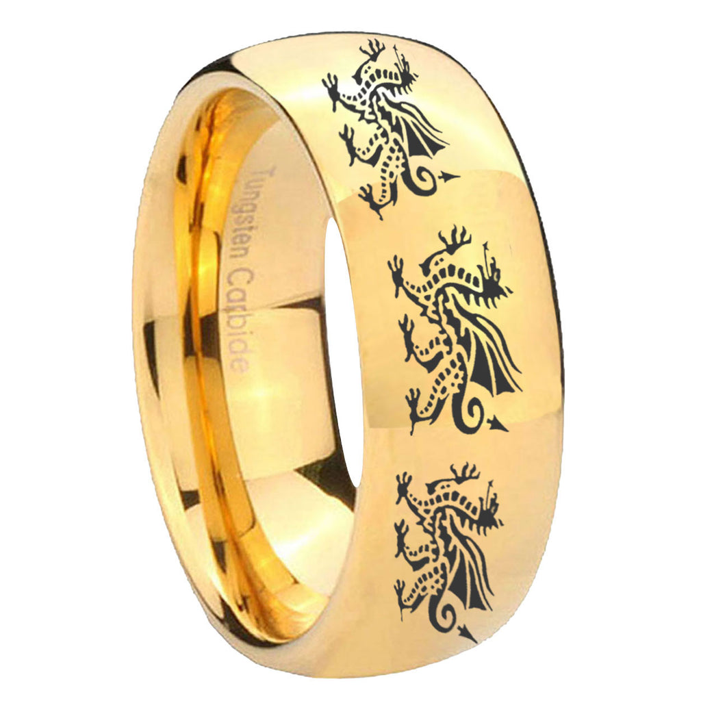 8MM Multiple Dragon Dome Polish Gold Tungsten Mens Promise Ring