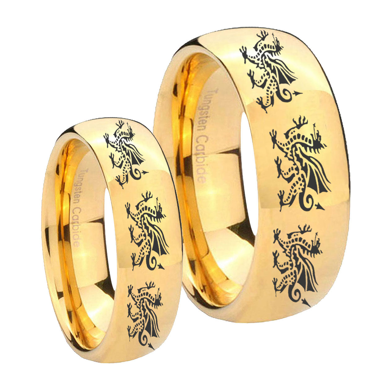 Multiple Dragon Dome Gold Tungsten Couple Rings