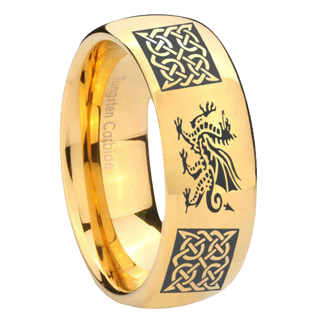 8MM Multiple Dragon Celtic Dome Polish Gold Tungsten Wedding Band