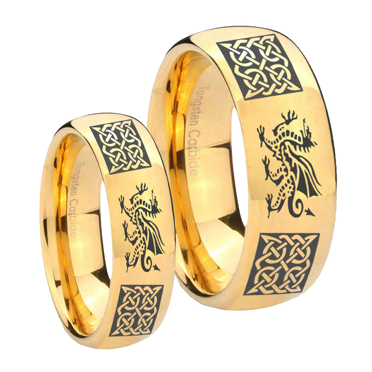Multiple Dragon Celtic Dome Gold Tungsten Bridal Ring Set