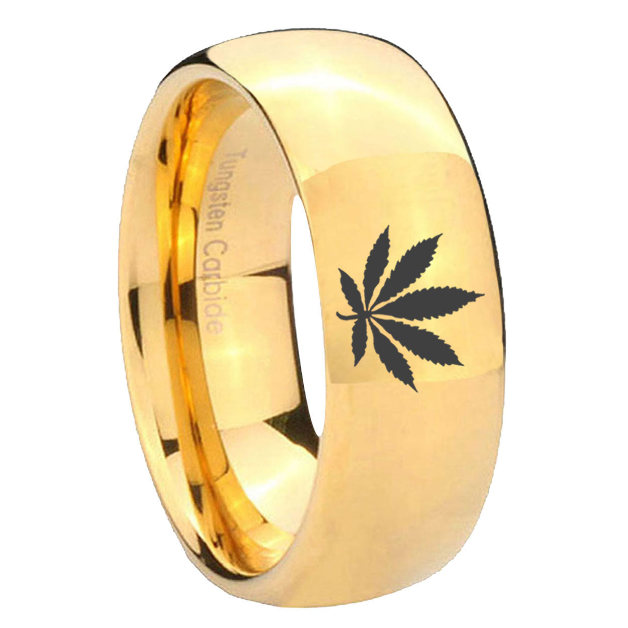 10mm Marijuana Leaf Dome Gold Tungsten Carbide Mens Bands Ring