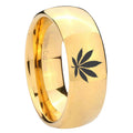 8MM Marijuana Leaf Dome Polish Gold Tungsten Rings For Men