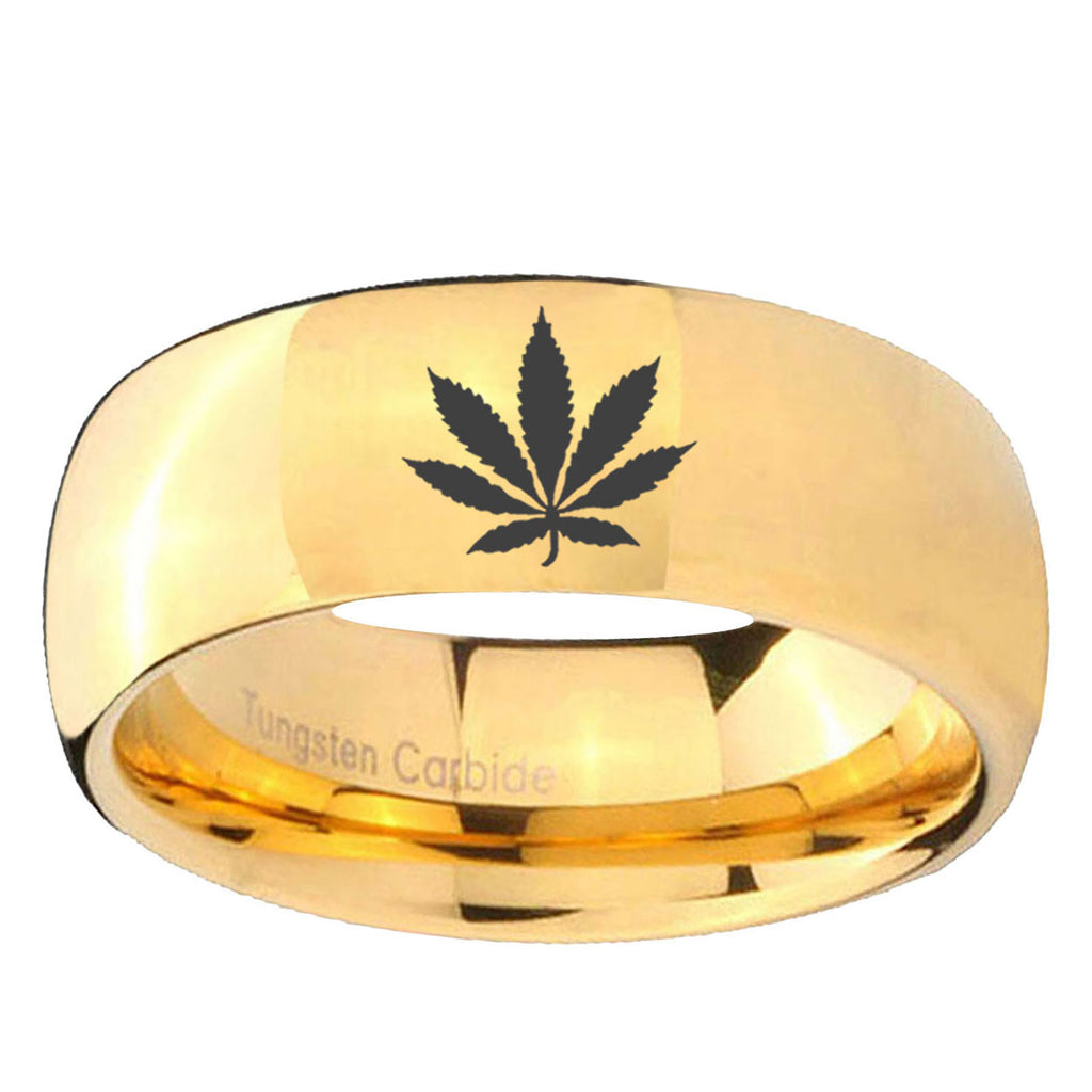 5MM Marijuana Leaf Dome Polish Gold Tungsten Rings For Men