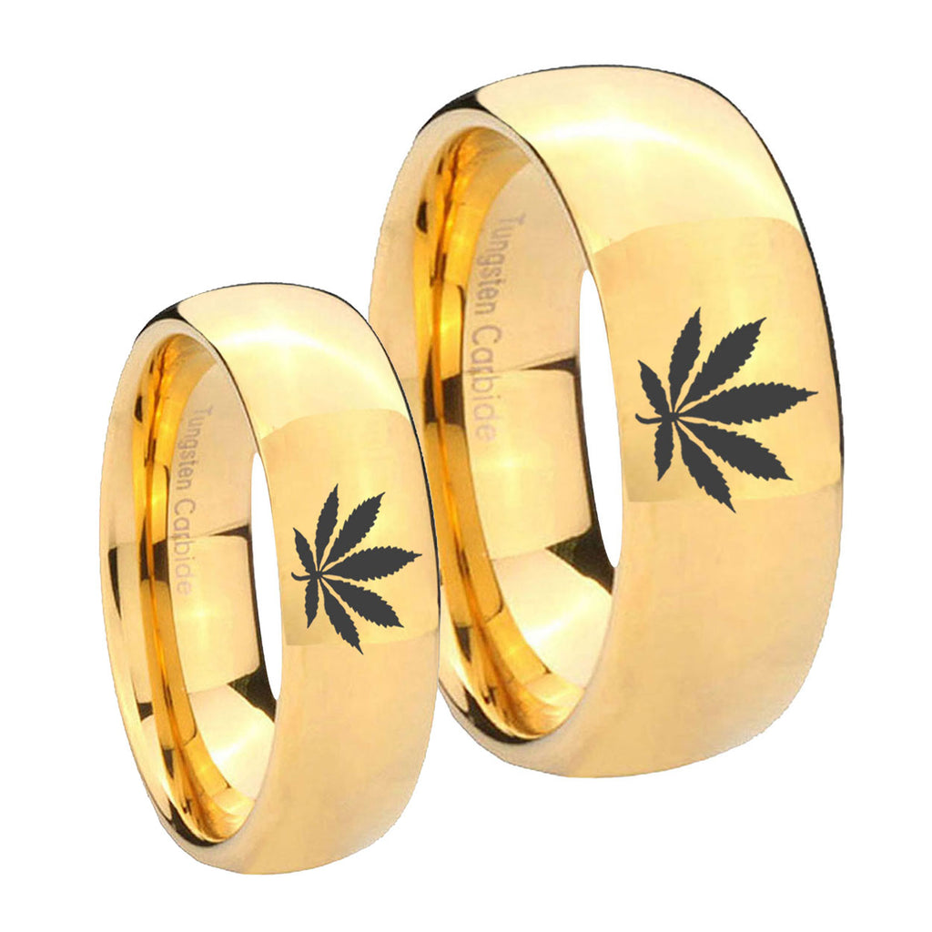 Marijuana Leaf Dome Gold Tungsten Wedding Ring Sets