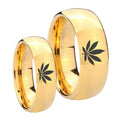 Marijuana Leaf Dome Gold Tungsten Wedding Ring Sets
