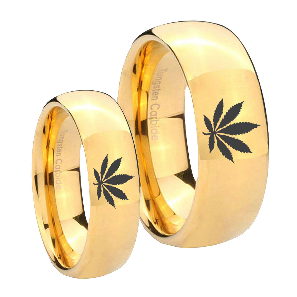 Marijuana Leaf Dome Gold Tungsten Wedding Ring Sets