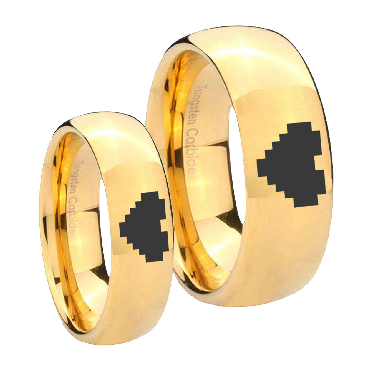 Glossy Dome Zelda Heart 14K Gold IP Tungsten Bridal Set Ring